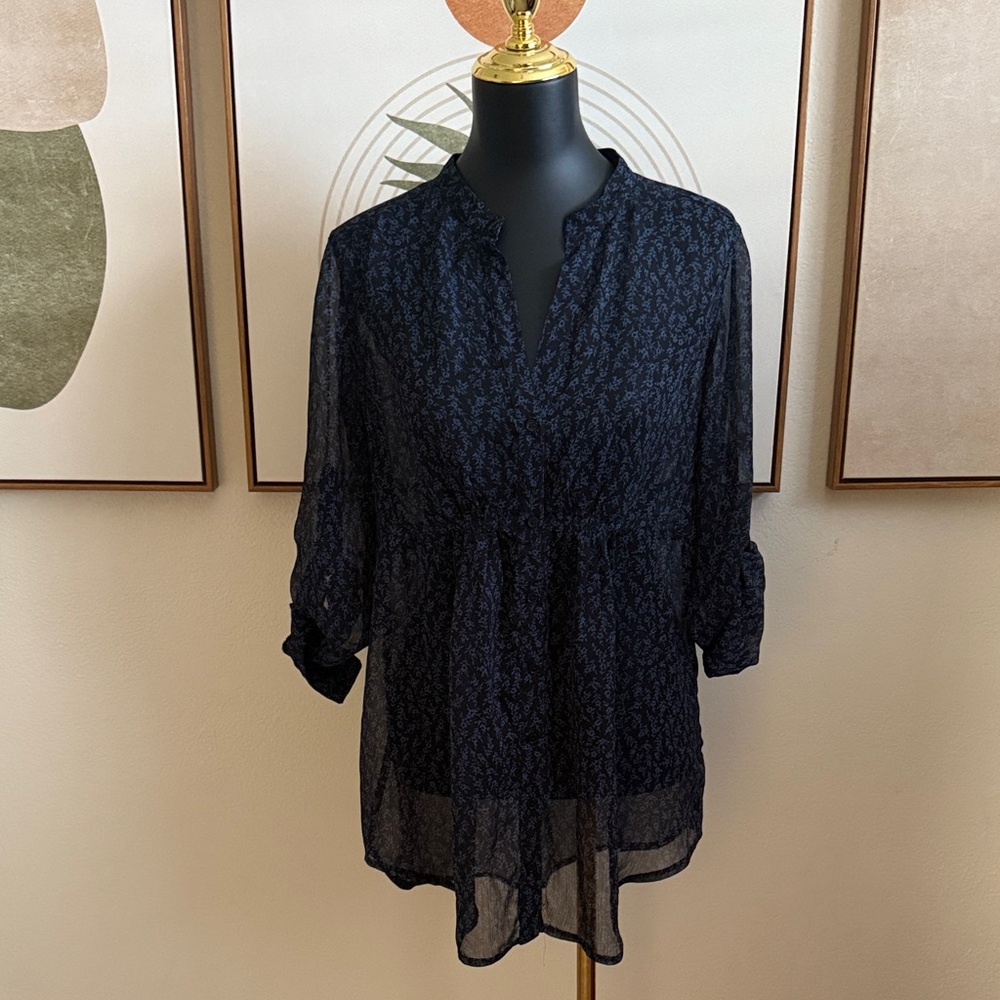 Express Floral Blue Black Sheer Blouse
